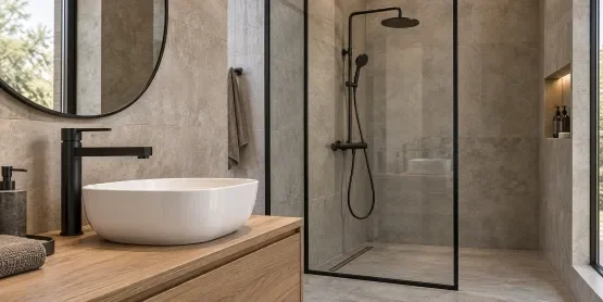 Crna slavina uz beli nadgradni lavabo i tuš-zona sa crnim tuš-sistemom i staklenim paravanom