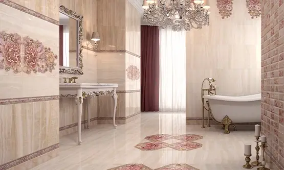 primer kupatila u art deco stilu sa kupatilskim nameštajem i pločicama