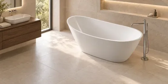 Bela ovalna samostojeća kada sa podnom slavinom i slobodnim prolazom između kade i lavabo ormarića.
